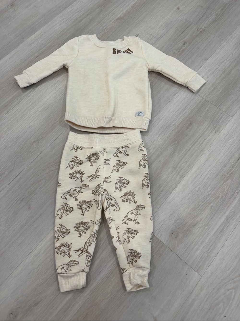 Tahari Cream Joggers with Brown Dinosaur Print